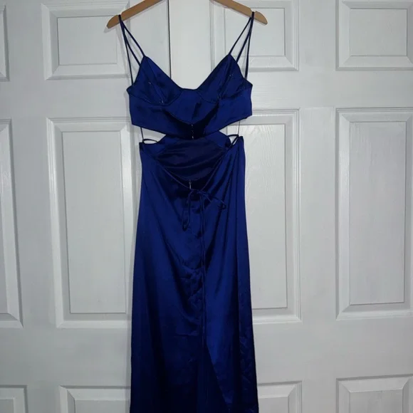Royal Blue Satin Summer Cutout Slip Dress - Picture 3 of 5